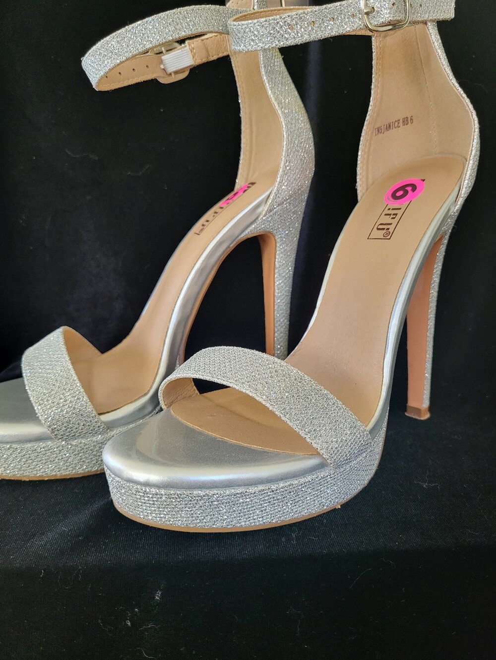Glitter Silver Stiletto Heel Ankle Strap Dressy Party Sandal Size 6 - Women